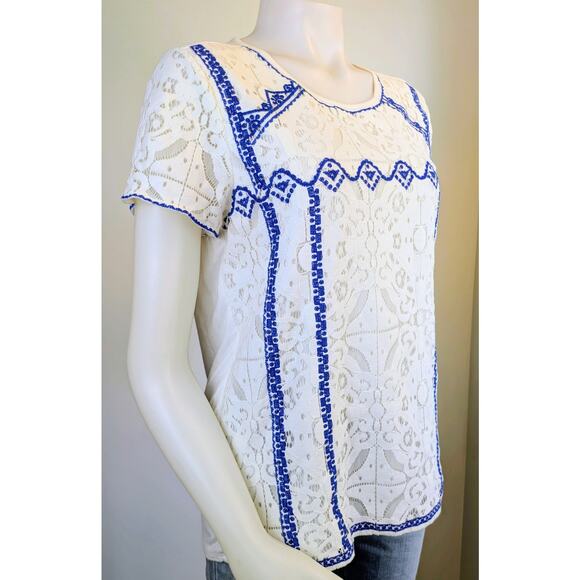 Market & Spruce Lace Overlay Short Sleeve Top Medium White Blue Boho Embroidered - Picture 4 of 10